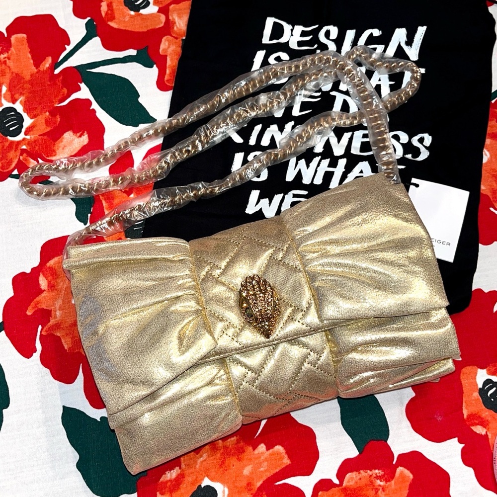 Kurt Geiger NWT! Mini Kensington Metallic Gold Bow Clutch Crossbody Bag - Picture 3 of 13